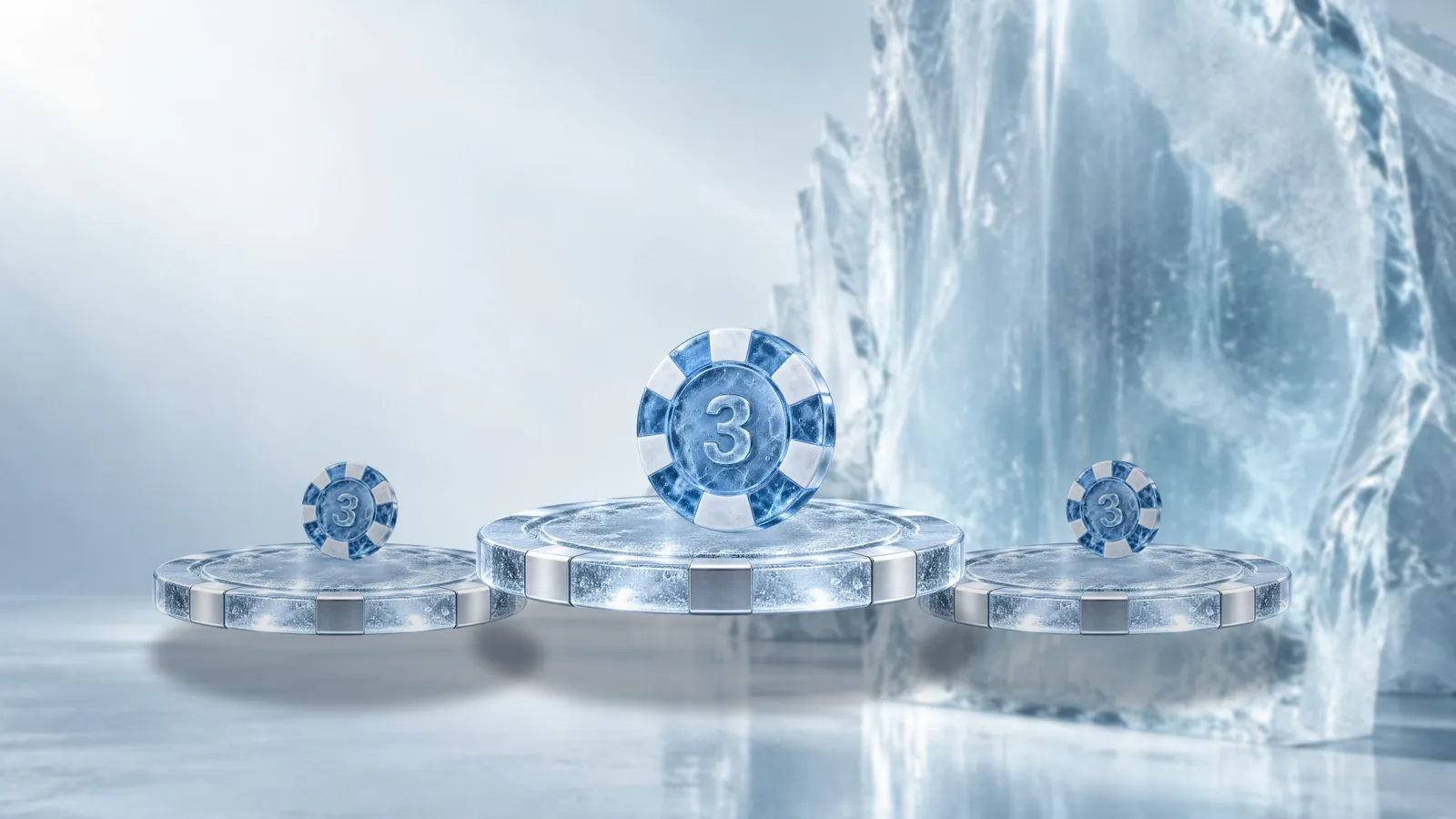 Three round ice pedestals in a row with a frosted poker chip raised on the centre one and smaller chips on the two outer stages