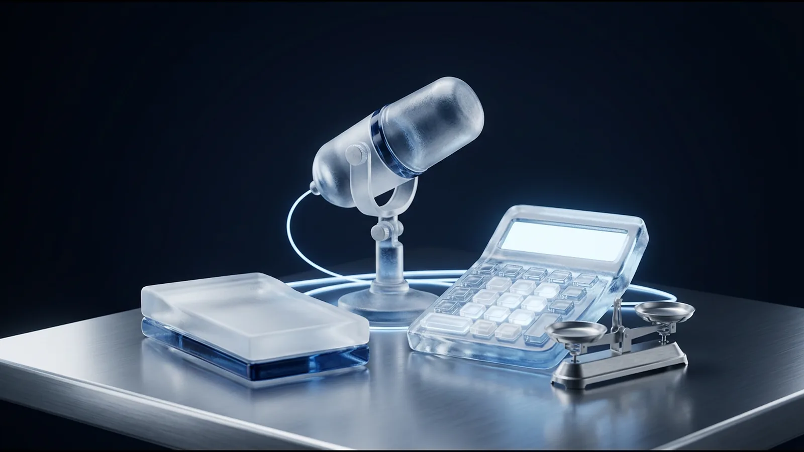 Ice-glass streaming microphone beside an ice-glass desk calculator and a small balance scale