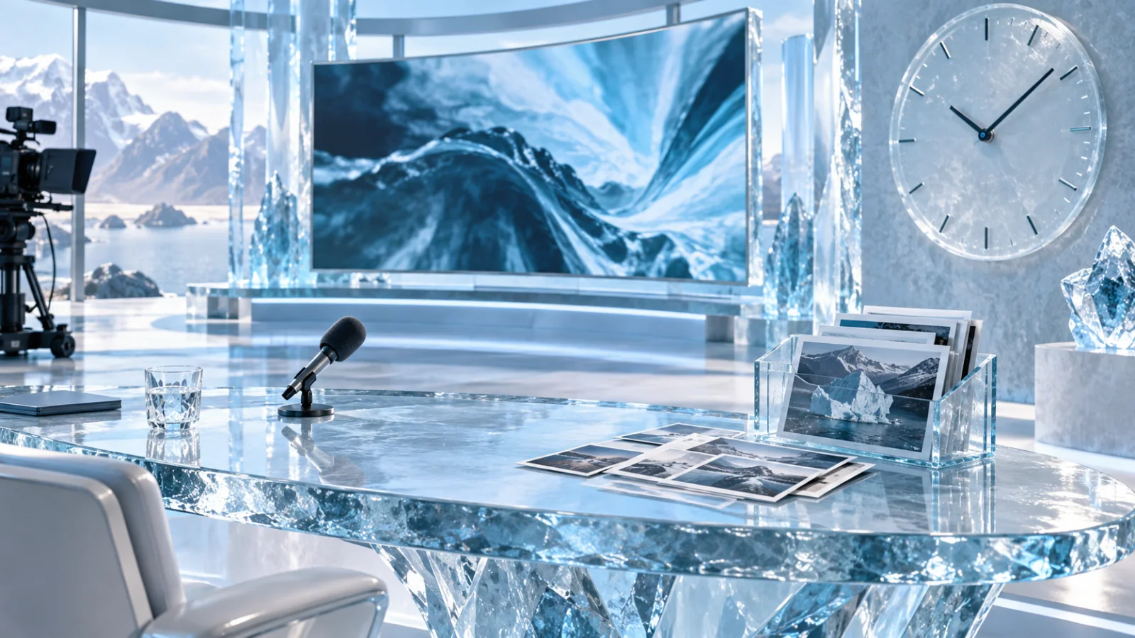 A broadcast screen, microphone, unnumbered clock and folder of proof stills on an icy studio stage