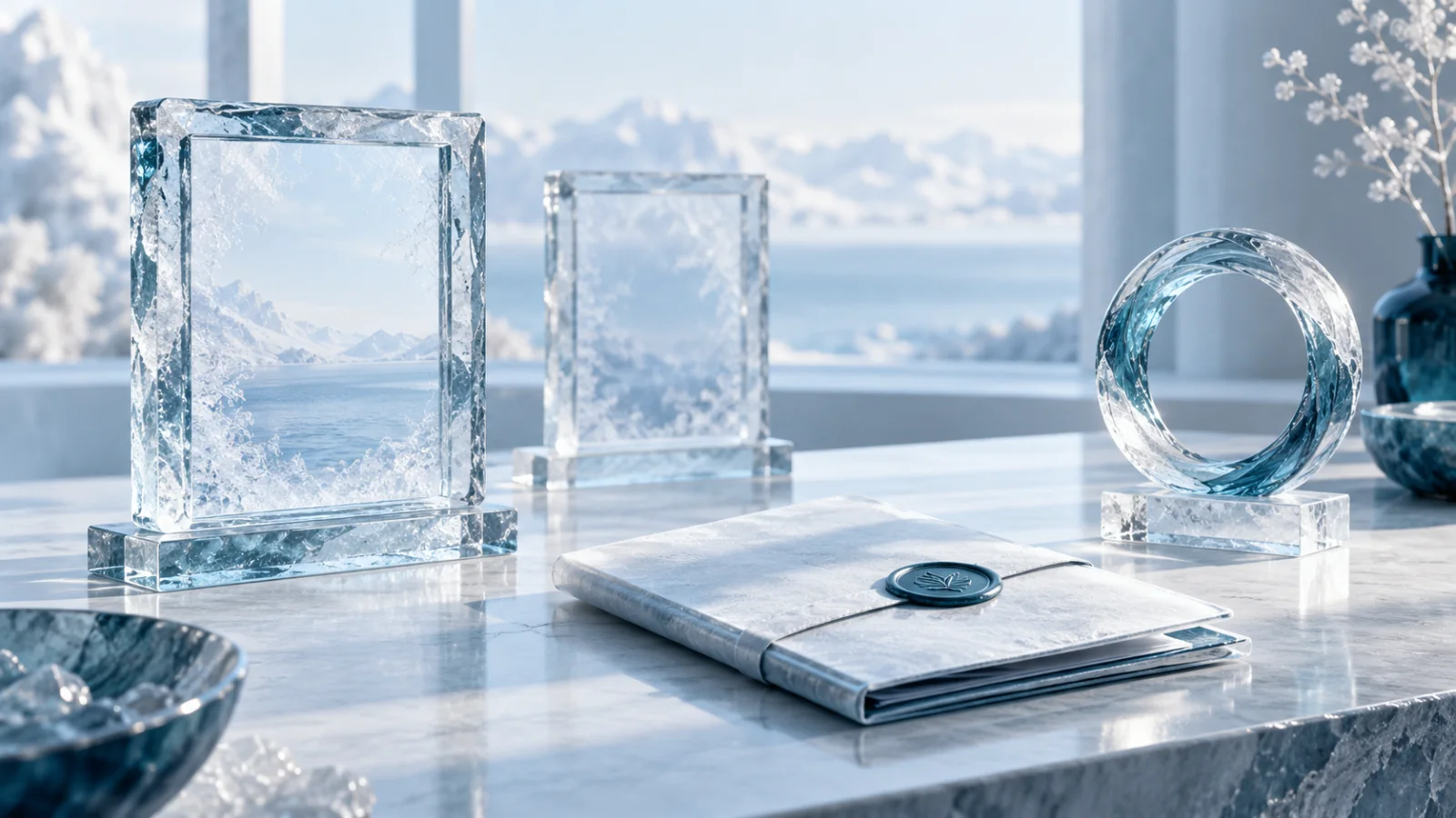 Two glass broadcast frames beside a review folder and a sculpted cycle ring