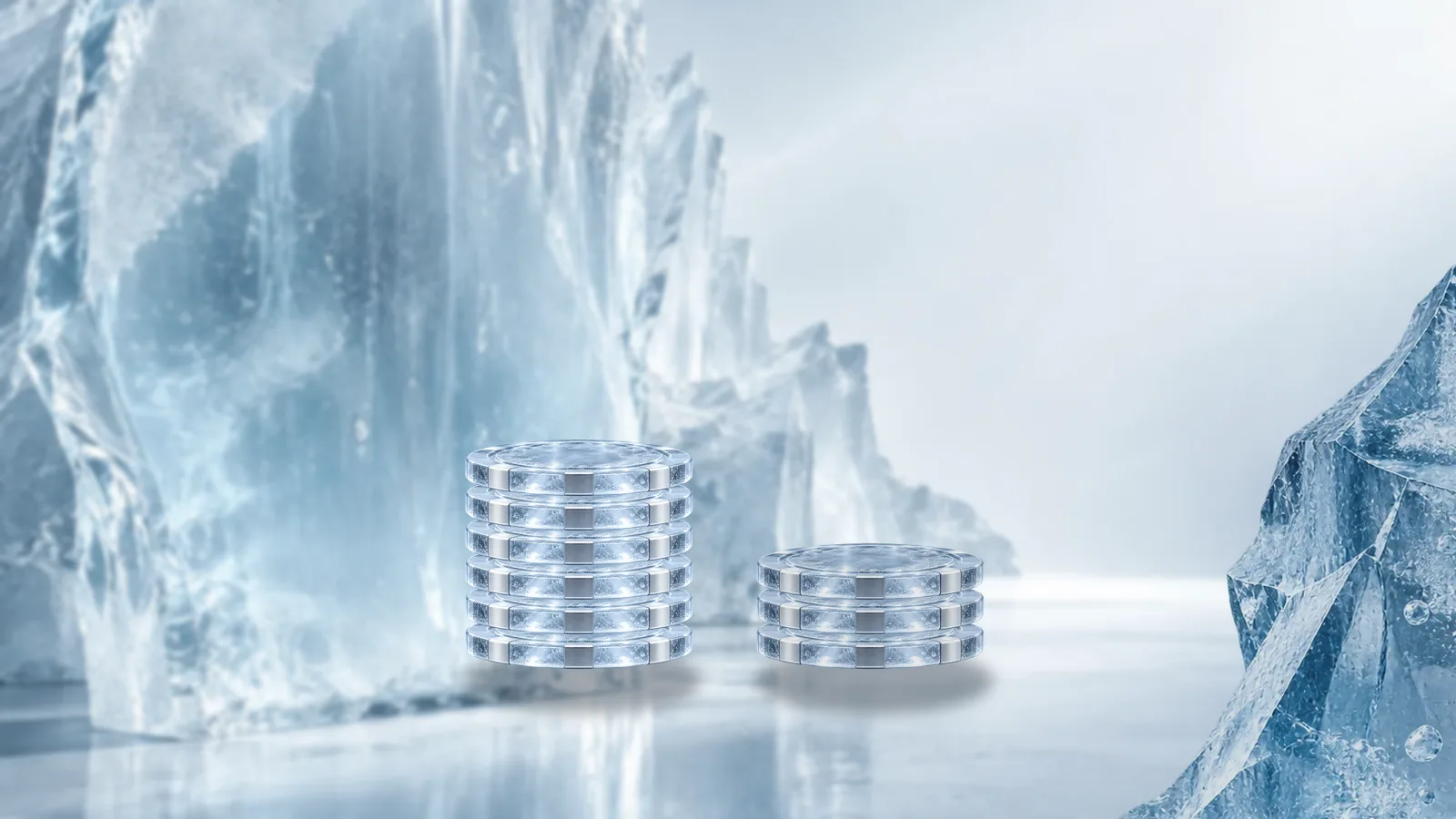 Two stacks of frosted ice poker chips, one tall and one short, standing side by side on a bright ice shelf