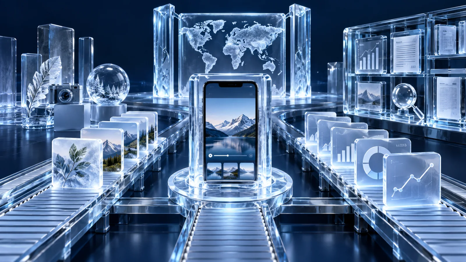 Ice-glass mobile video review station separating TikTok organic content, paid advertising and market eligibility