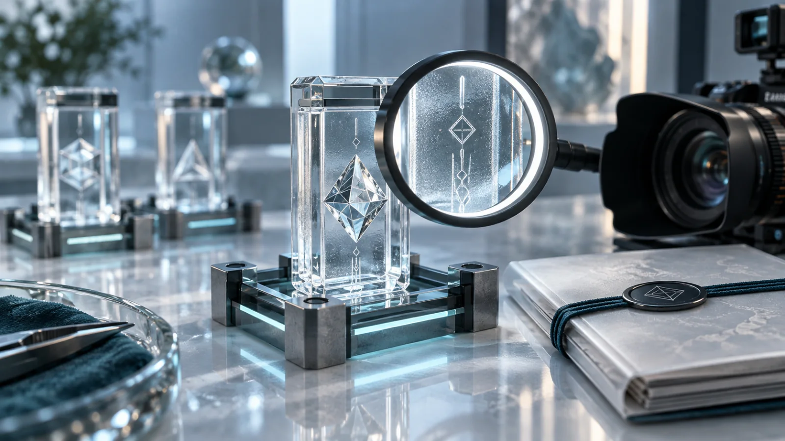 A distinct crystal specimen cartridge aligned with a network frame beside a camera lens and reference dossier, with similar cartridges behind it