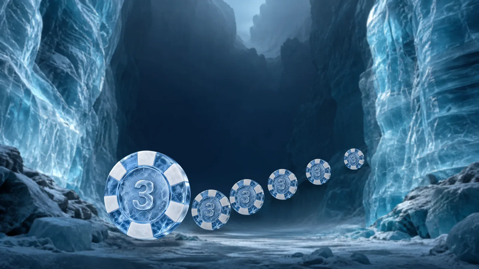 A large frosted ice poker chip standing in a glacier canyon with a line of smaller chips running away down the canyon floor behind it