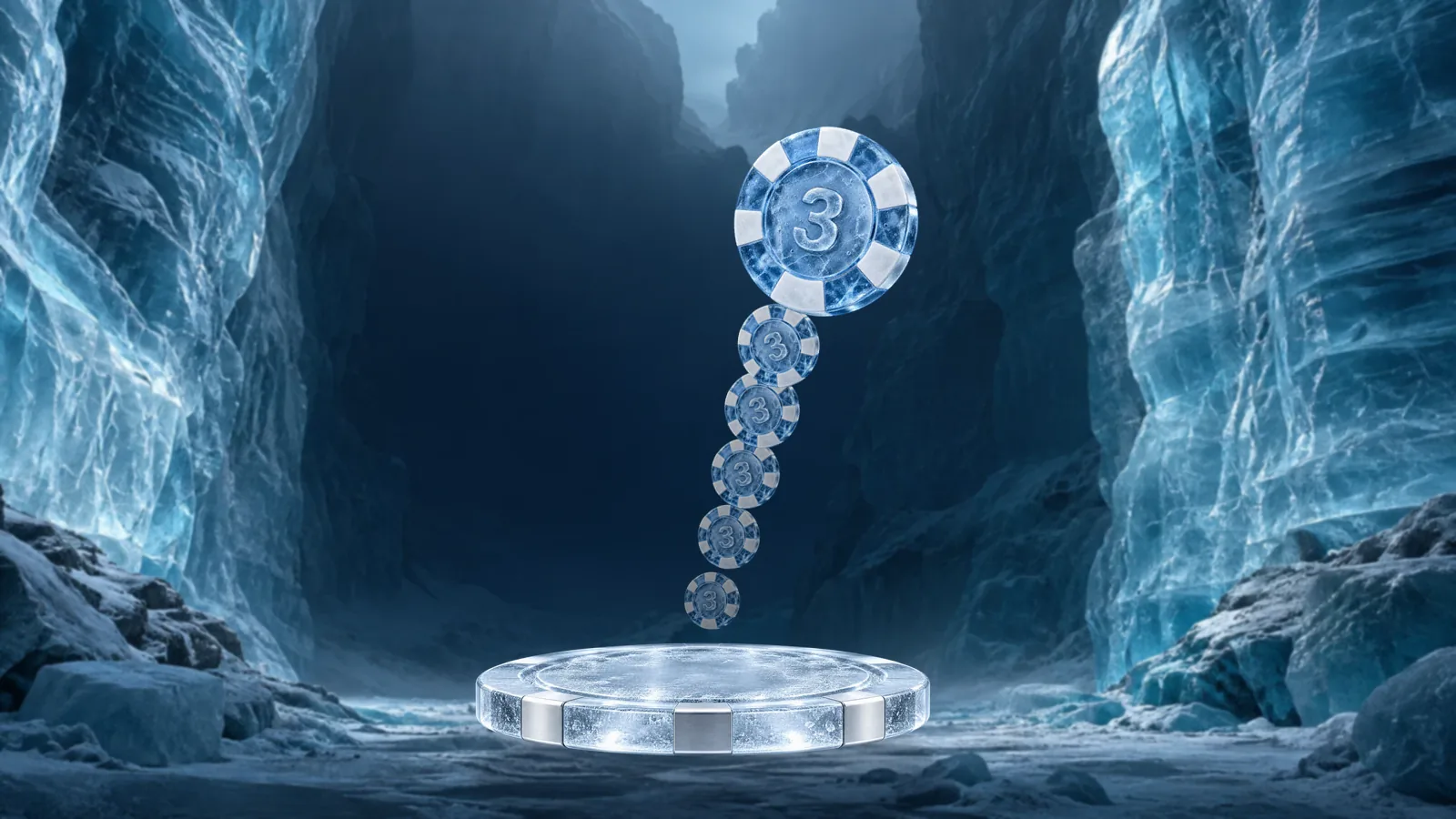 A frosted ice poker chip lifting off a round ice pedestal with a trail of smaller chips rising beneath it in a glacier canyon