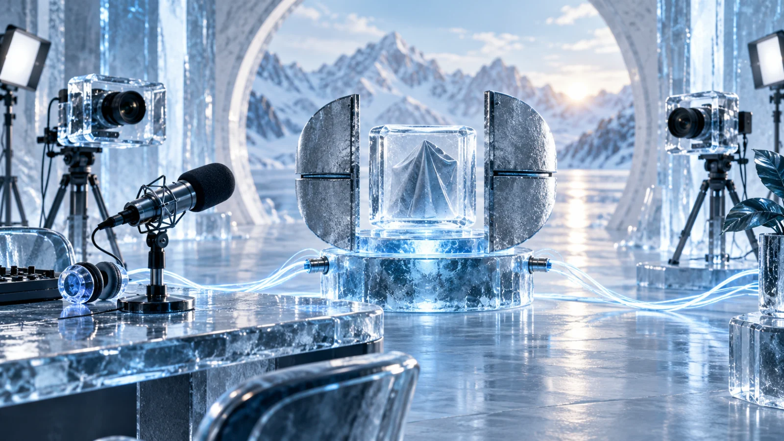 Ice-blue launch desk with microphone, creator cameras and a readiness shutter