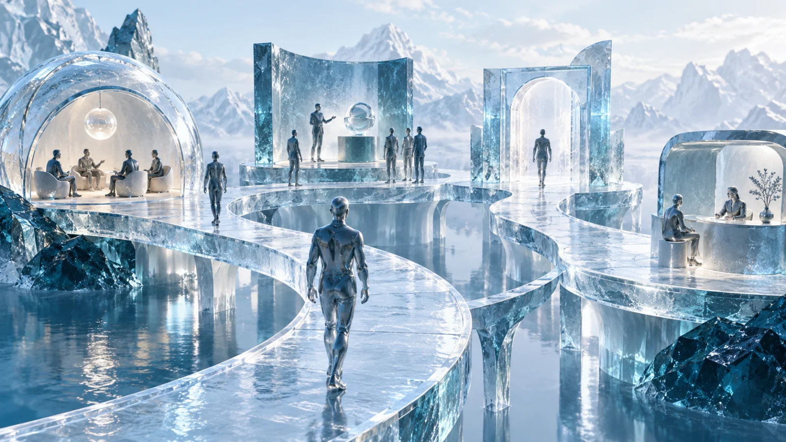 Ice-glass visitor walkway through listening, demonstration, eligibility and support stations