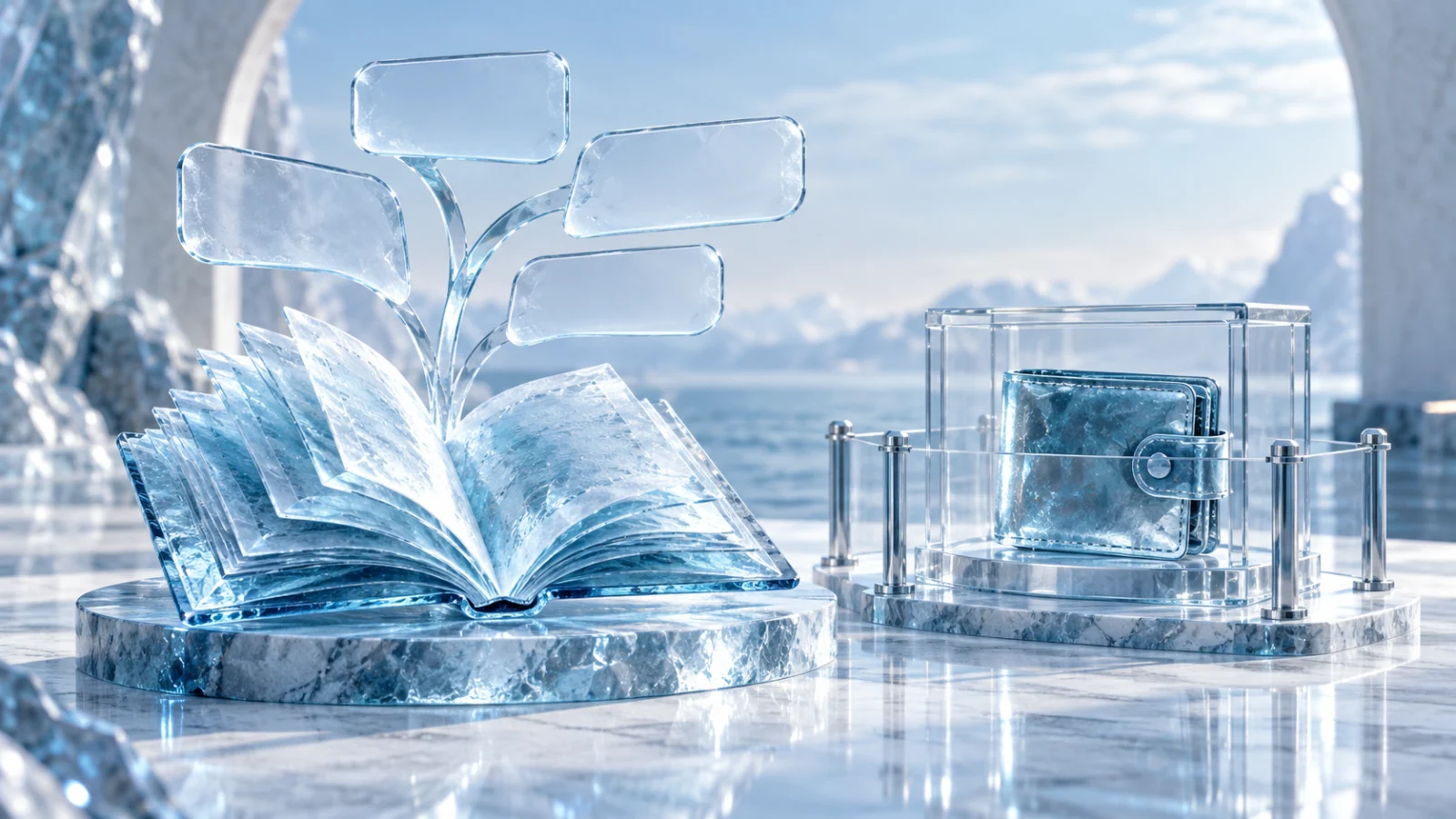 Open ice-glass information book beside a wallet case and a transparent safety gate