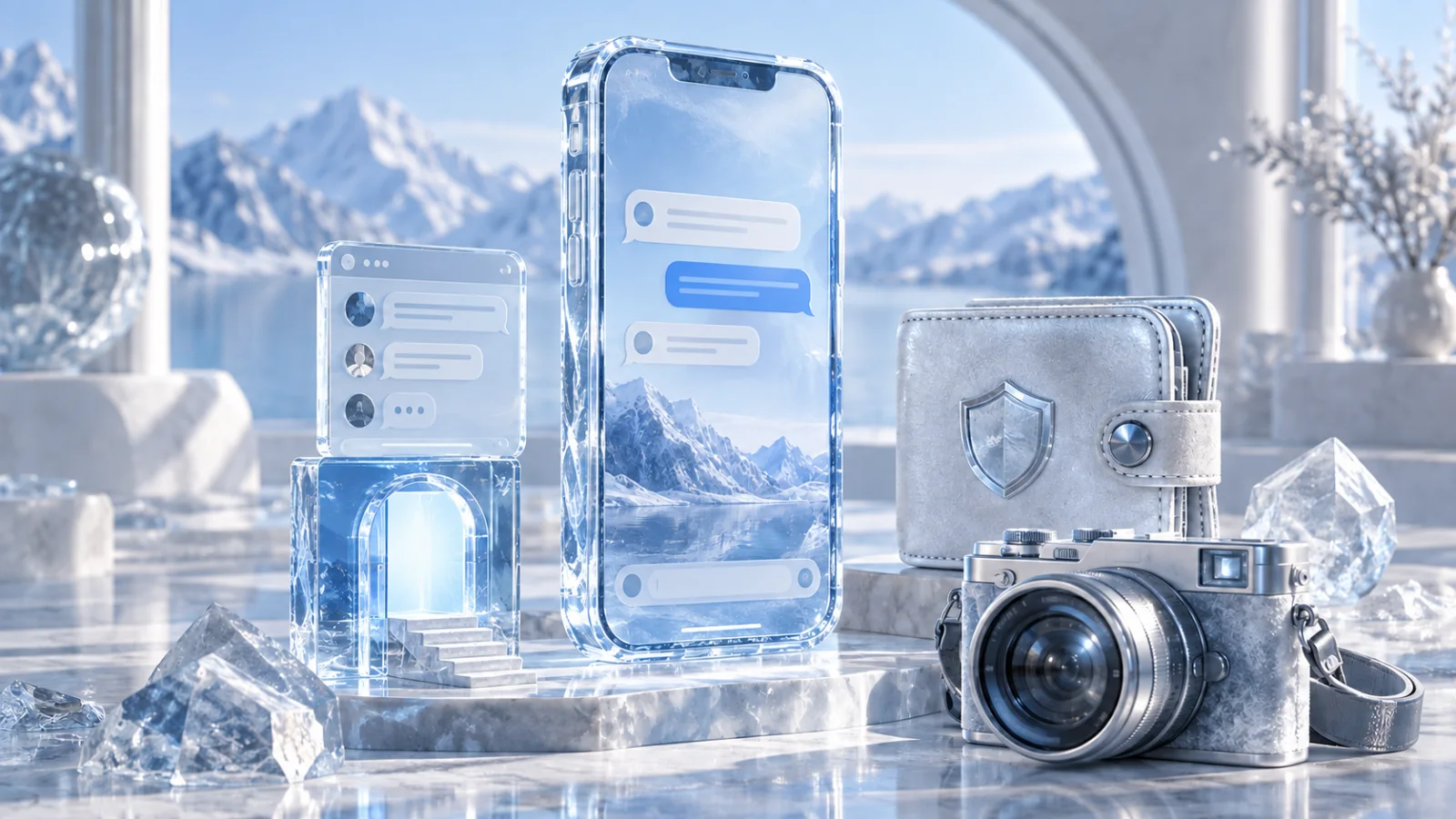 An ice-glass phone with a messenger panel, Mini App doorway and protected wallet case