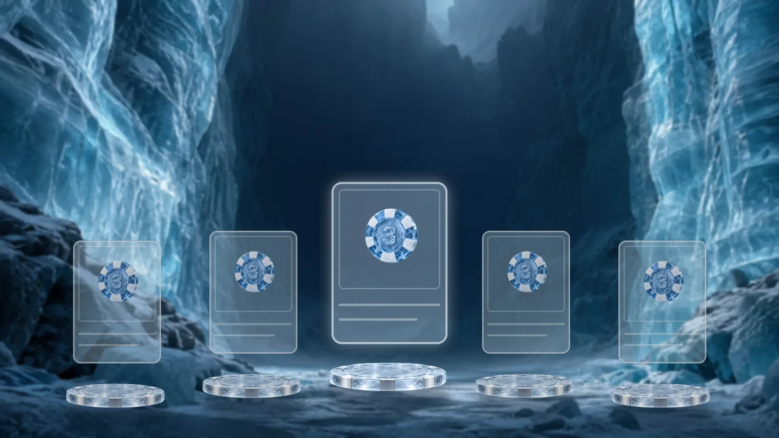 Five frosted ice cards standing upright on round ice pedestals in a row across a glacier canyon, the centre card taller and lit