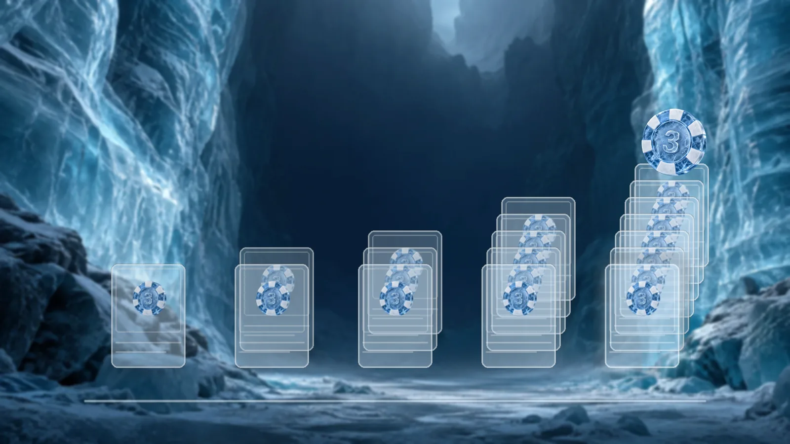 Stacks of frosted ice cards rising in height from left to right on an ice shelf, with a poker chip on top of the tallest stack