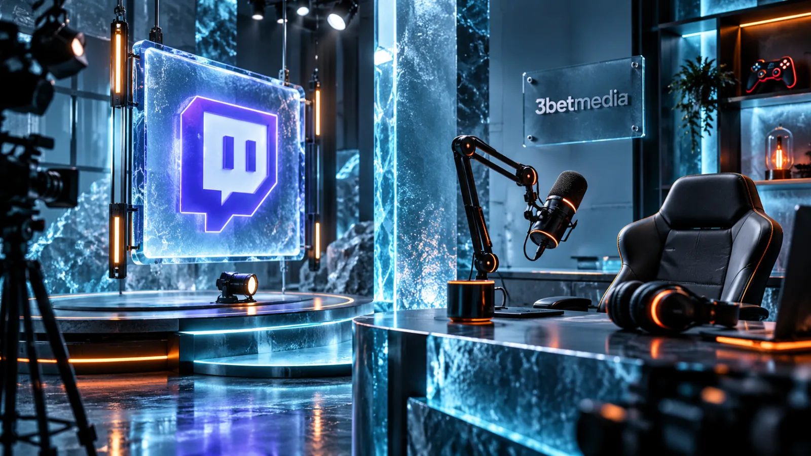 An illuminated broadcast panel and a separate microphone station in a cyan ice studio