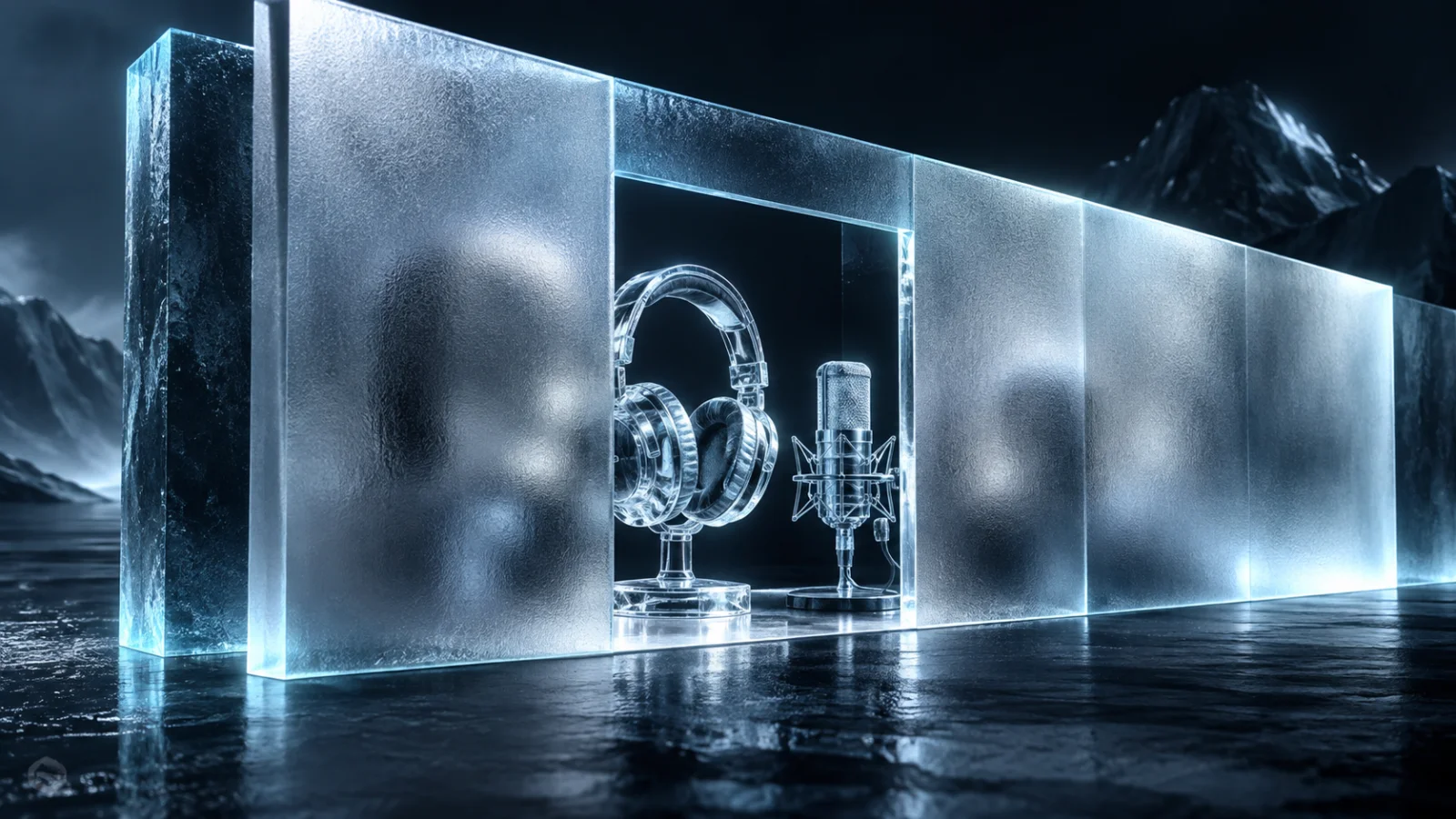 A microphone and headset sit within a clear opening in a frosted partition.
