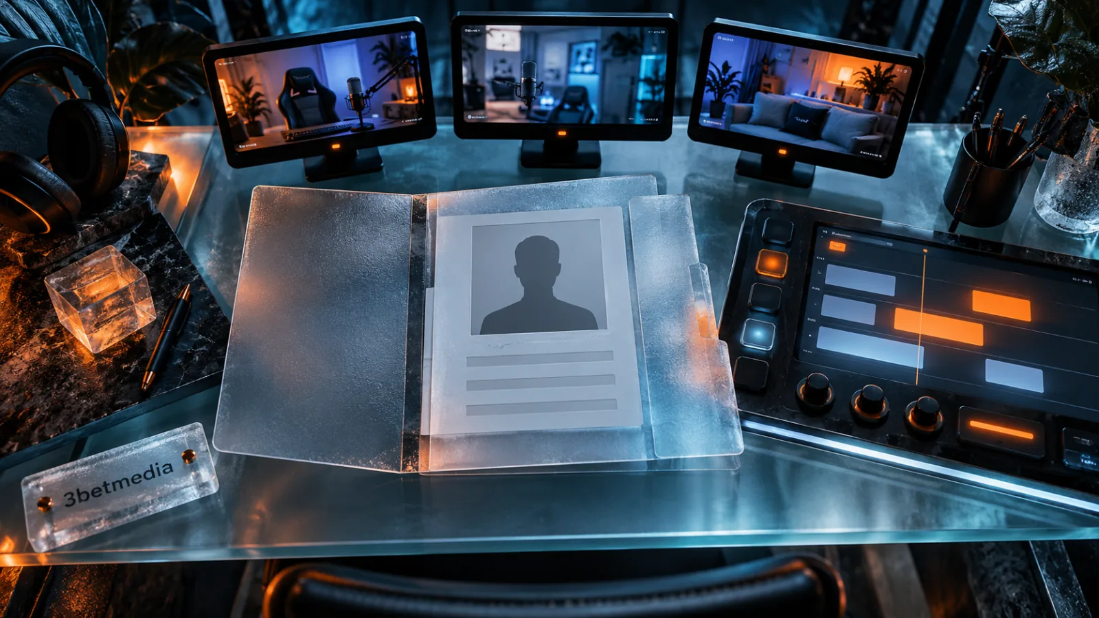 A blank creator profile folder beside a scheduling console and three studio monitors