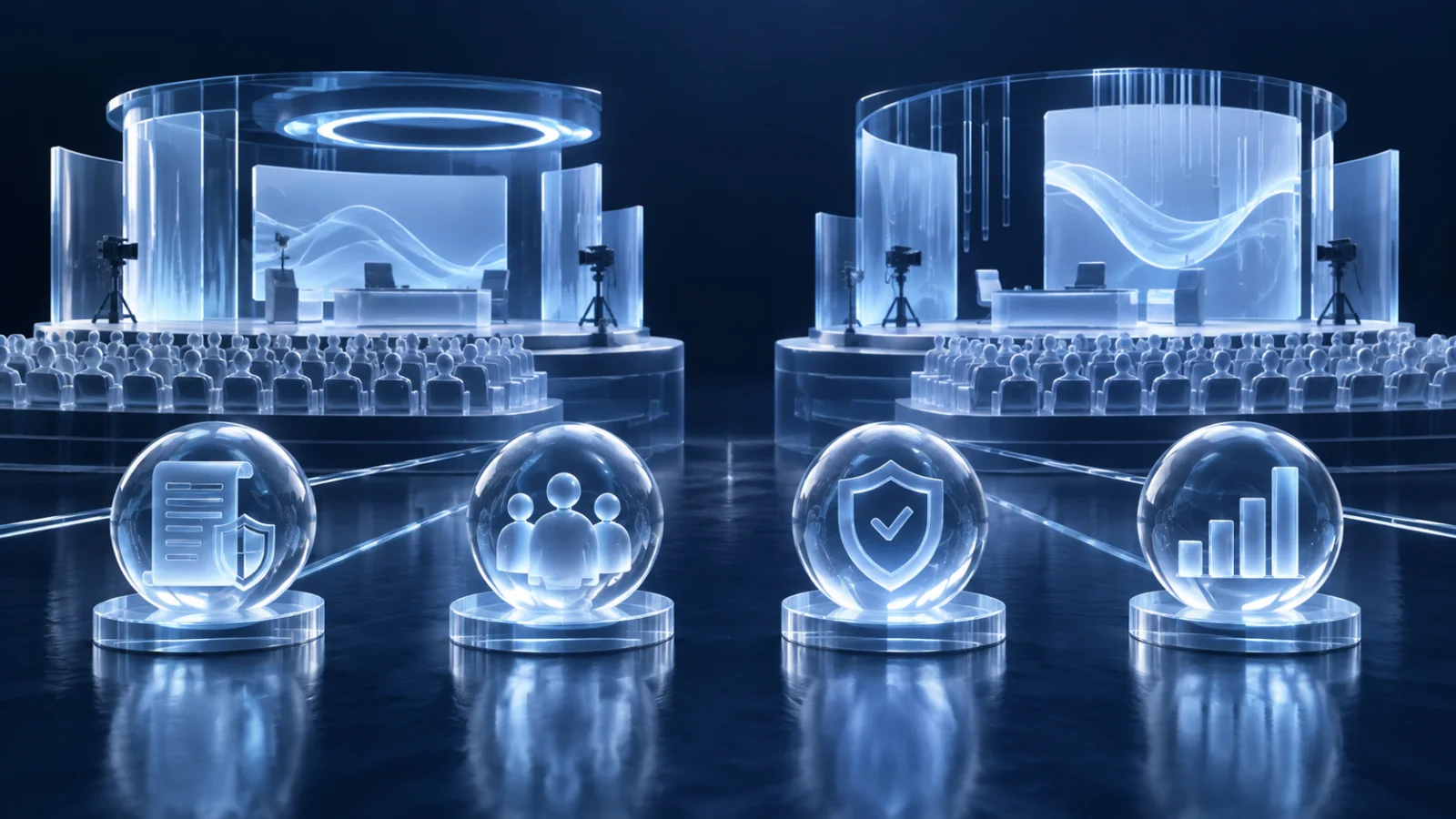 Two ice-blue live-streaming stages compared through policy, audience and brand-safety lenses