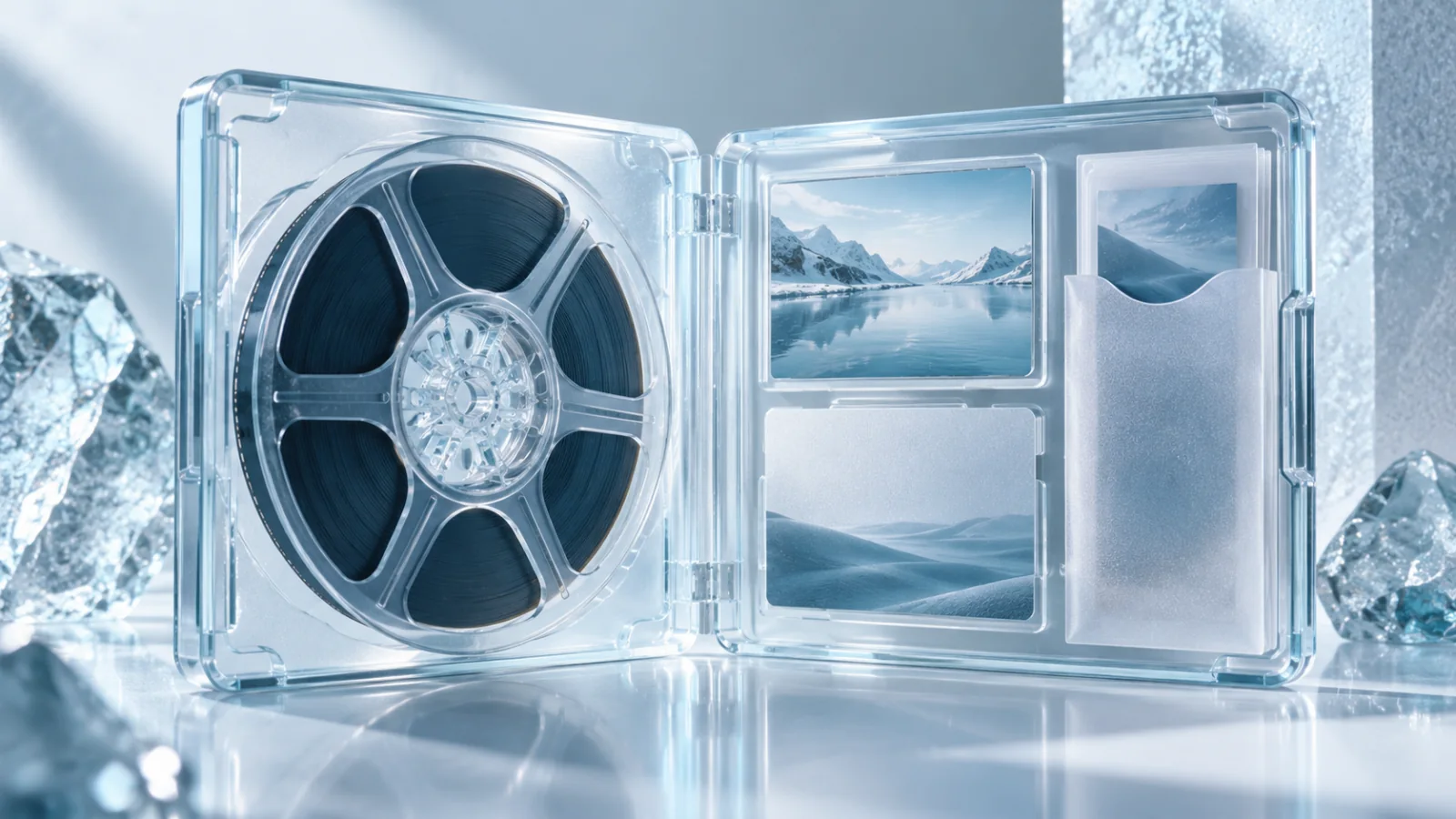 A translucent media case holding a master reel, caption panel, thumbnail and rights sleeve