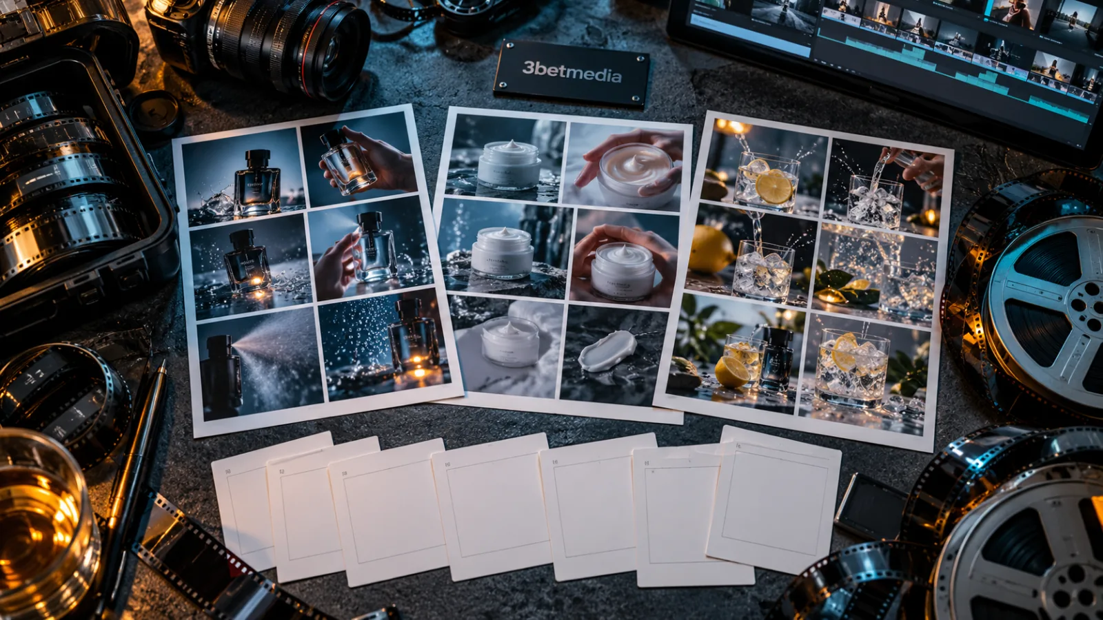 Product-action contact sheets, blank shot cards and raw-footage reels on an editing desk