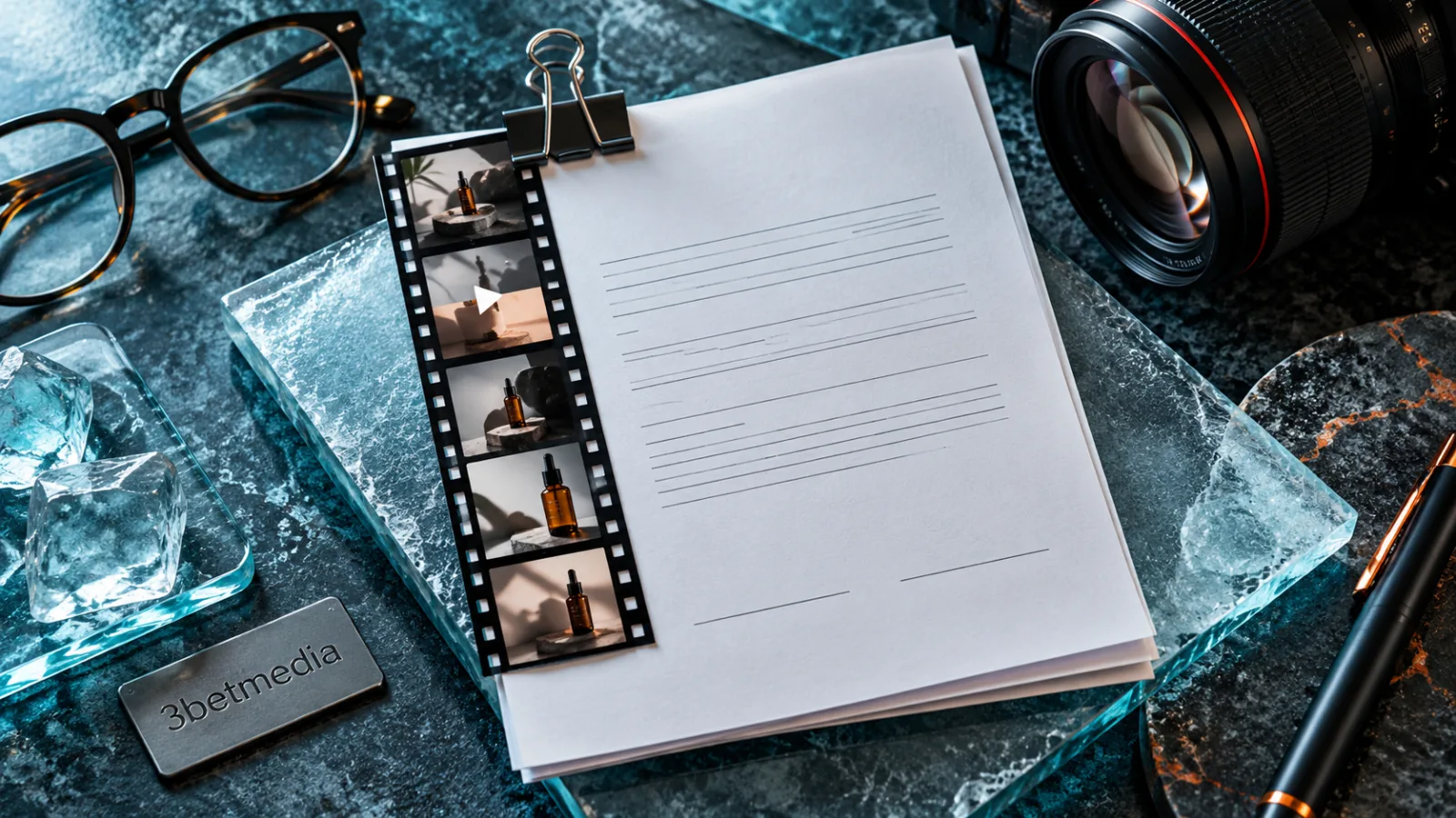 A blank asset contract clipped to product film strips beside a camera lens