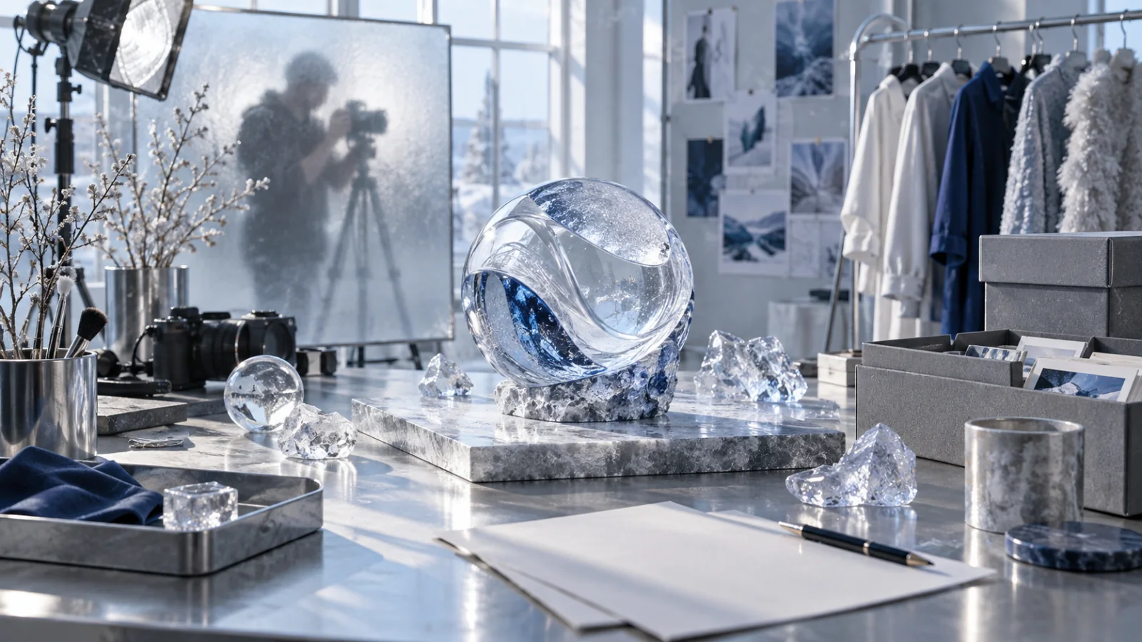 A clear camera, product demonstration set, briefing sheets and organised footage boxes