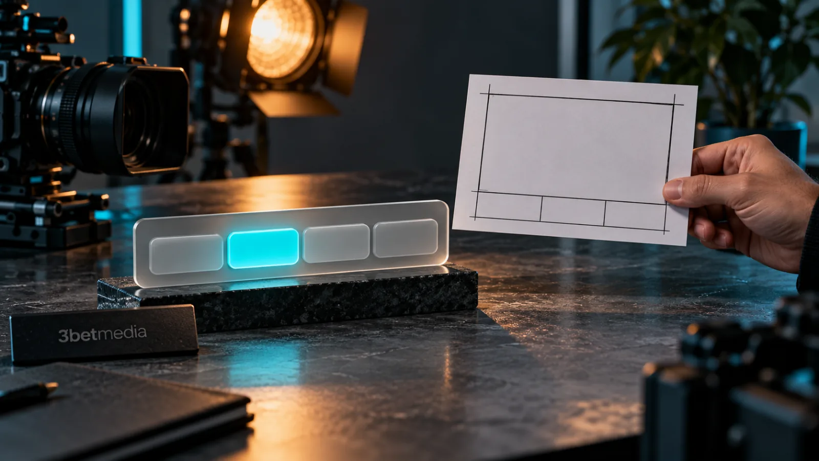 A camera and blank storyboard beside frosted navigation tabs with one highlighted control
