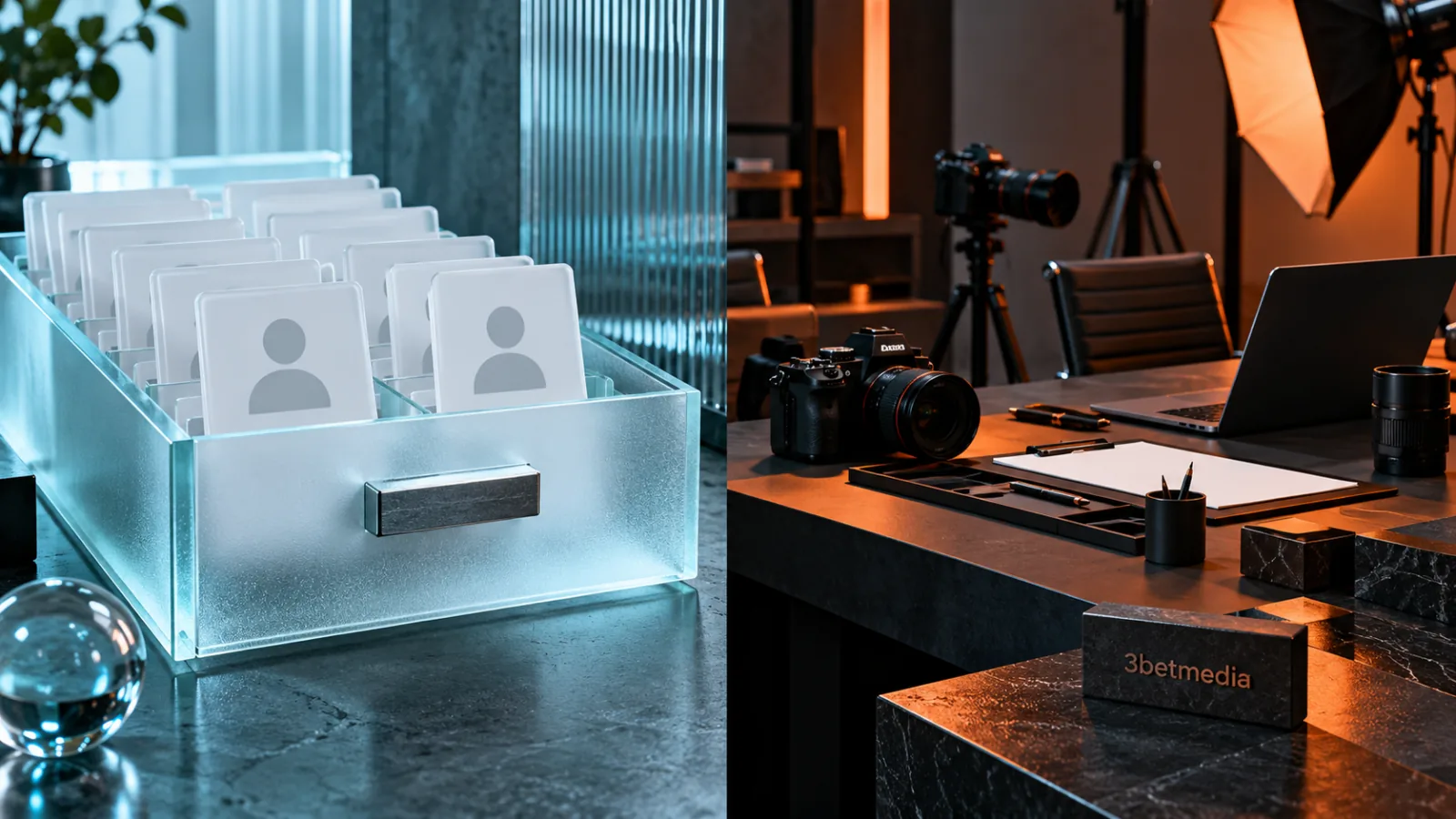 A frosted creator-card catalogue beside a separate managed production desk and cameras
