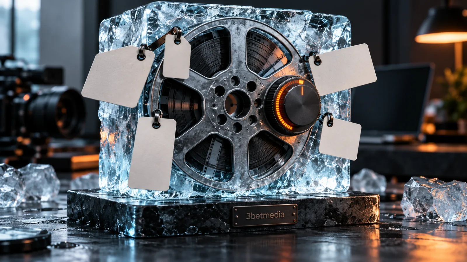 A master film reel with separate blank licence tabs and an unmarked duration dial