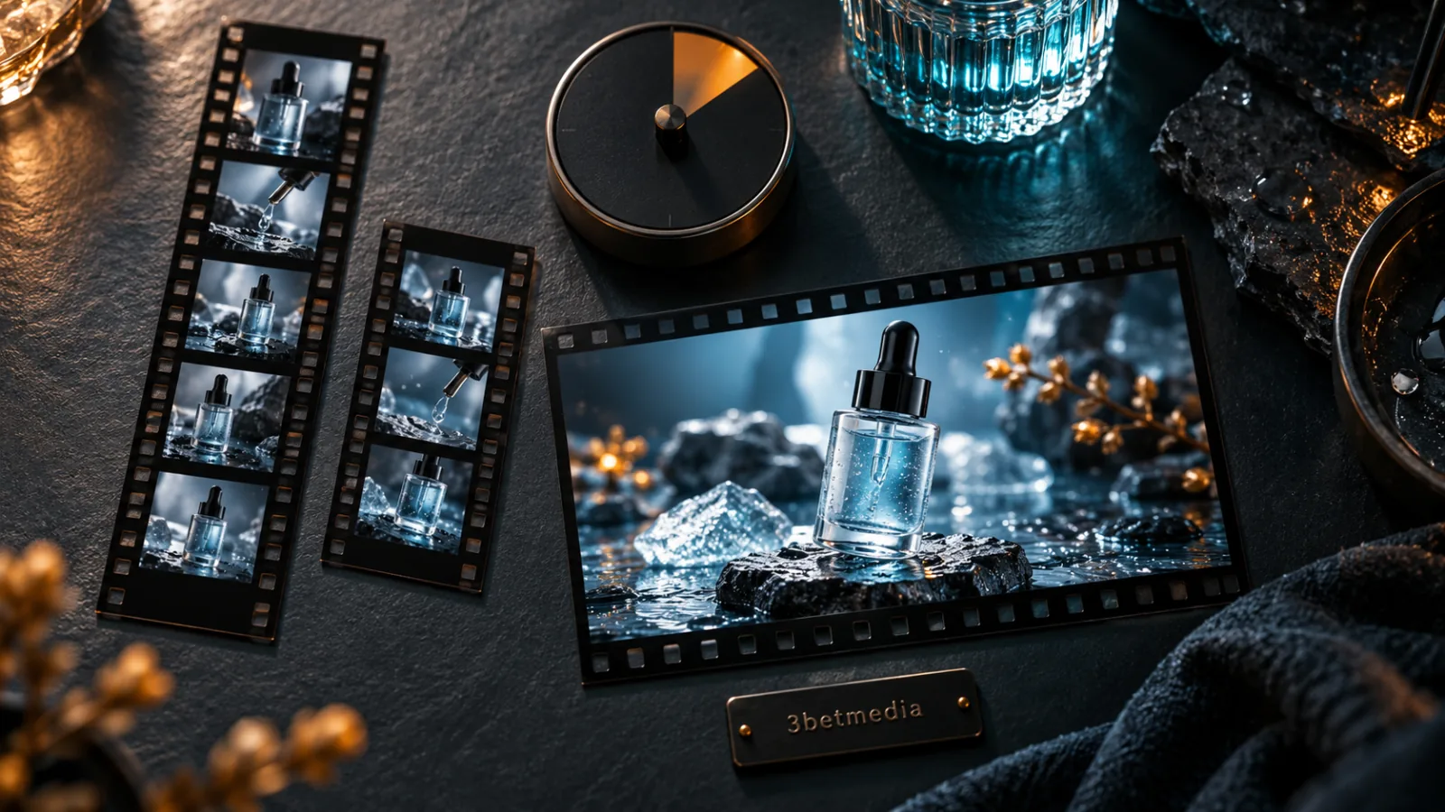 Different film-strip lengths beside a complete product frame and an unmarked timer
