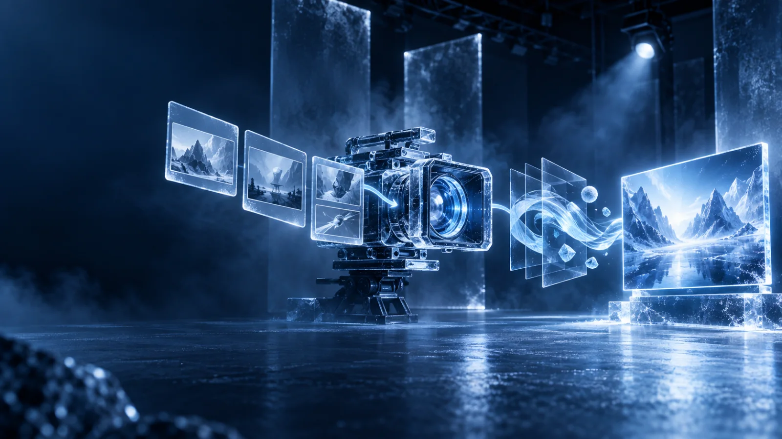 Crystalline storyboard flowing through a camera and motion-design layers into a finished Web3 video screen
