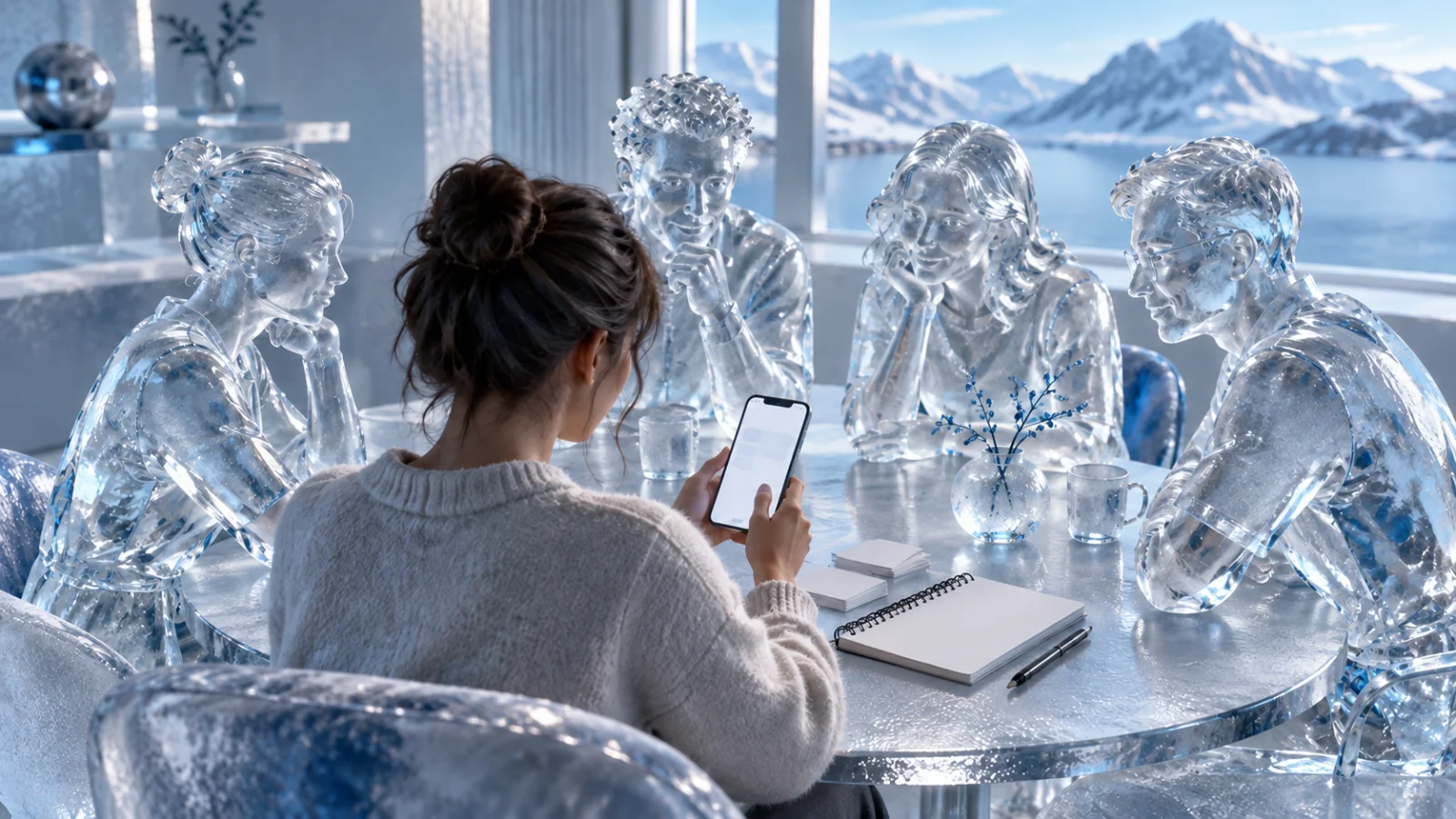 An anonymous product user at a glass table with a phone and a small group of peers