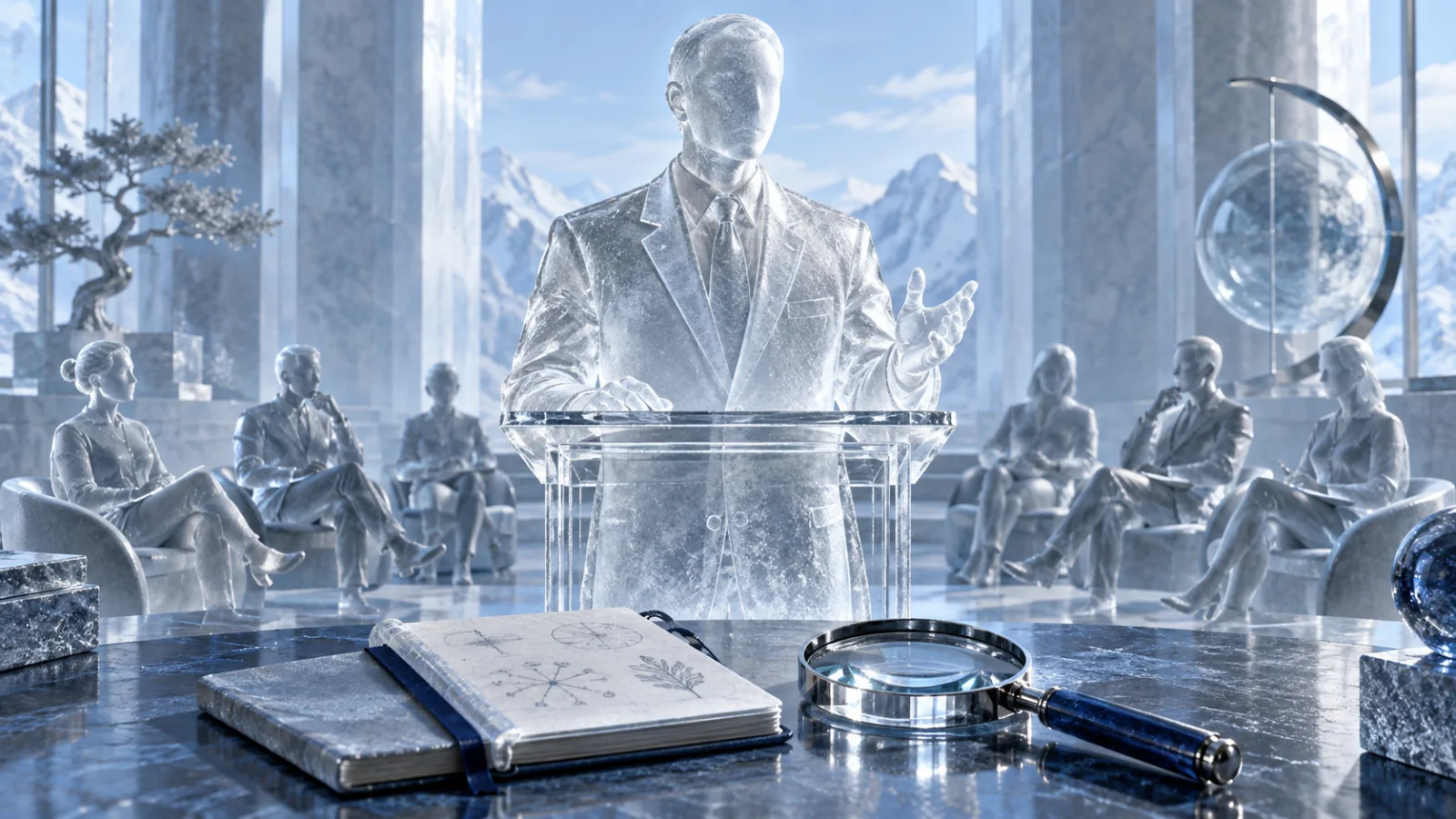 An ice-glass expert at a lectern with research notes, a lens and a small listening audience
