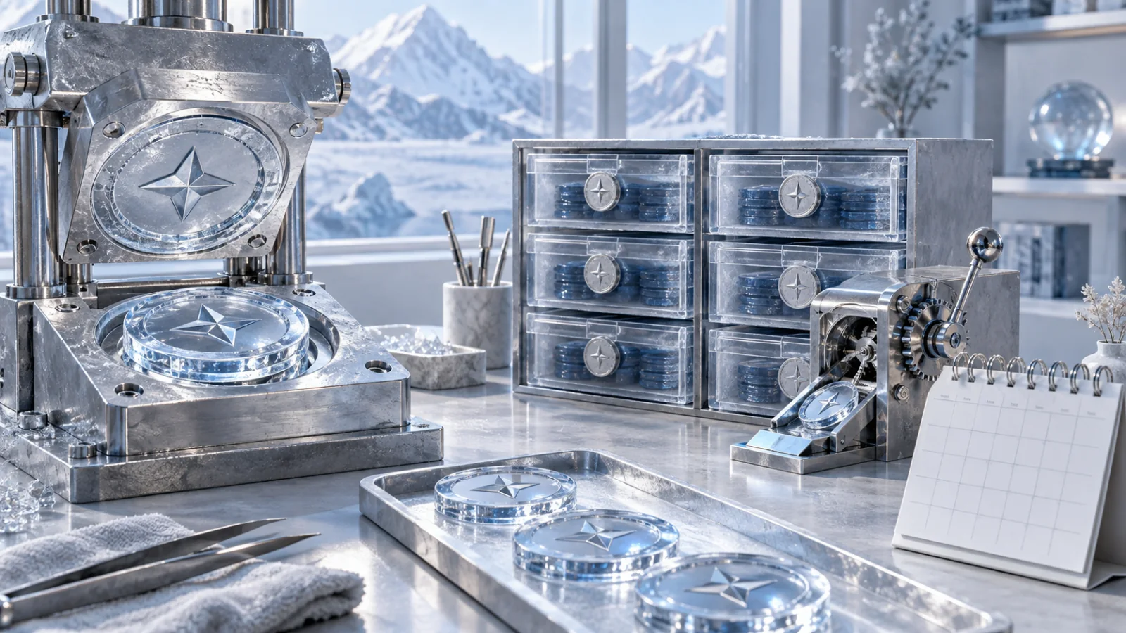 A glass token mould with separate allocation drawers and a release latch