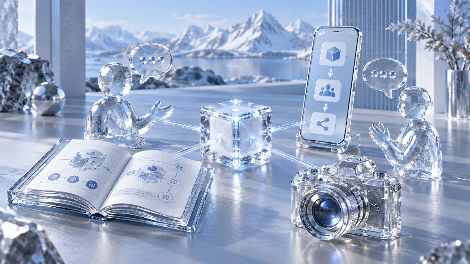 A glass product manual, camera and mobile demonstration kit around a modest network cube