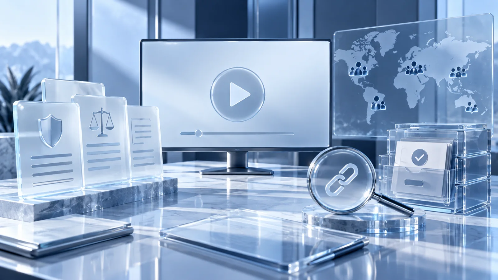 Ice-blue video review room checking a gambling sponsorship across policy, audience and destination layers